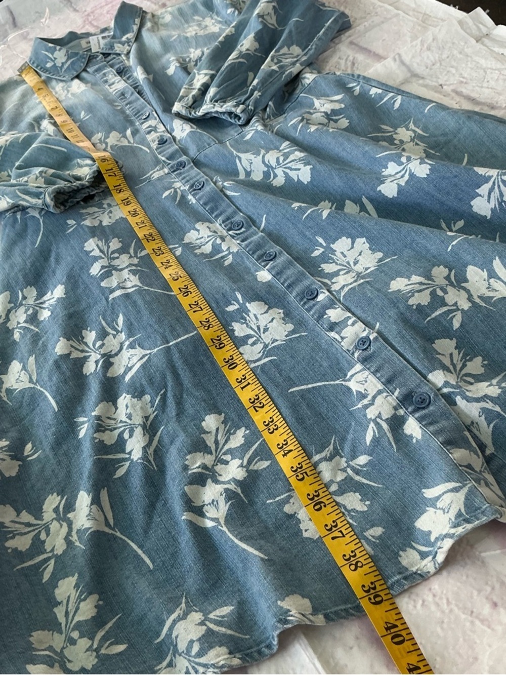 Dressbarn Blue Floral Bottom Down Midi Long Sleeve Floral Western Chambray Dress - Picture 7 of 10